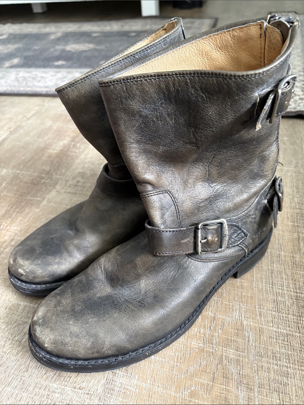 Frye Metallic Gray Leather Ankle Buckle Boots